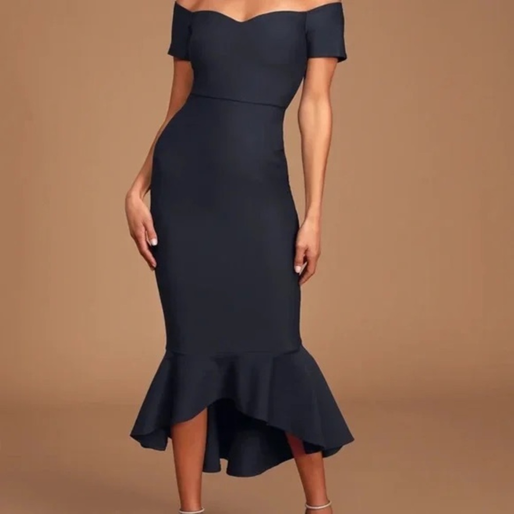 Lulus “How Much I Care” Navy Off-Shoulder Mermaid Midi Dress – Size S – NWT